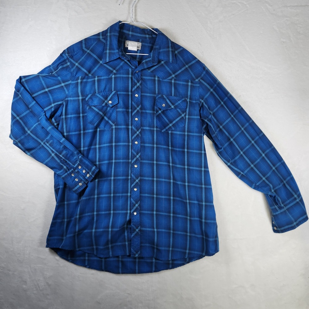Wrangler Wrancher Men's XLT Blue Plaid Western Shirt Cowboy‎ Rodeo Long Sleeve